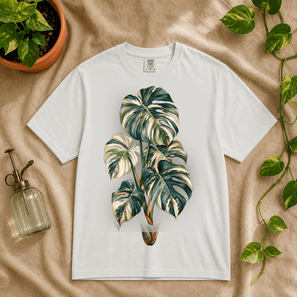 Variegated Monstera Graphic T-Shirt in White featuring cream marbled monstera artwork