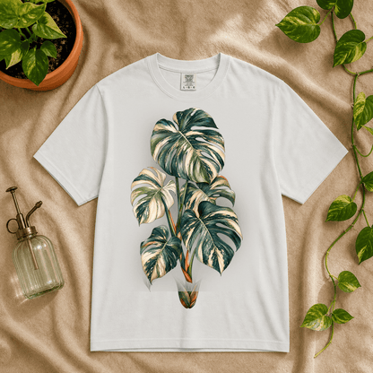 Variegated Monstera Graphic T-Shirt in White featuring cream marbled monstera artwork