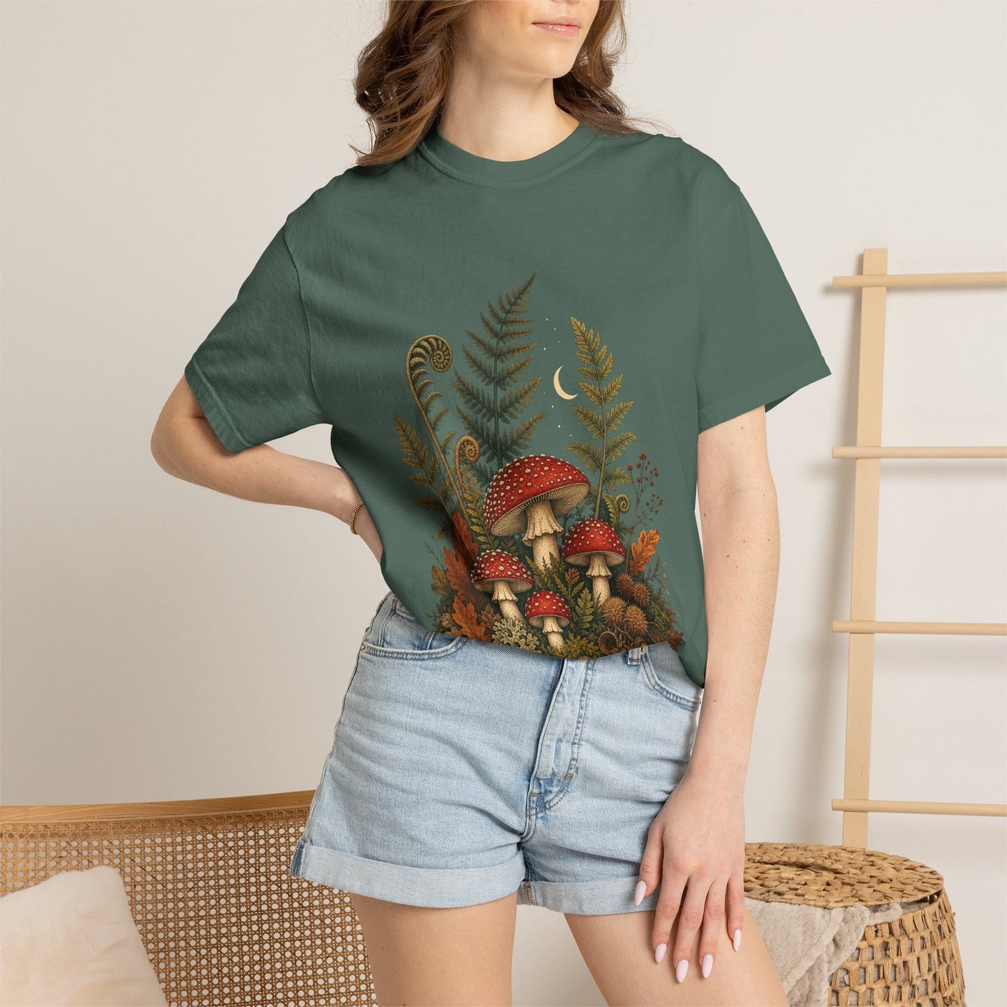 Autumn Mushroom Fern T-Shirt in Blue Jean