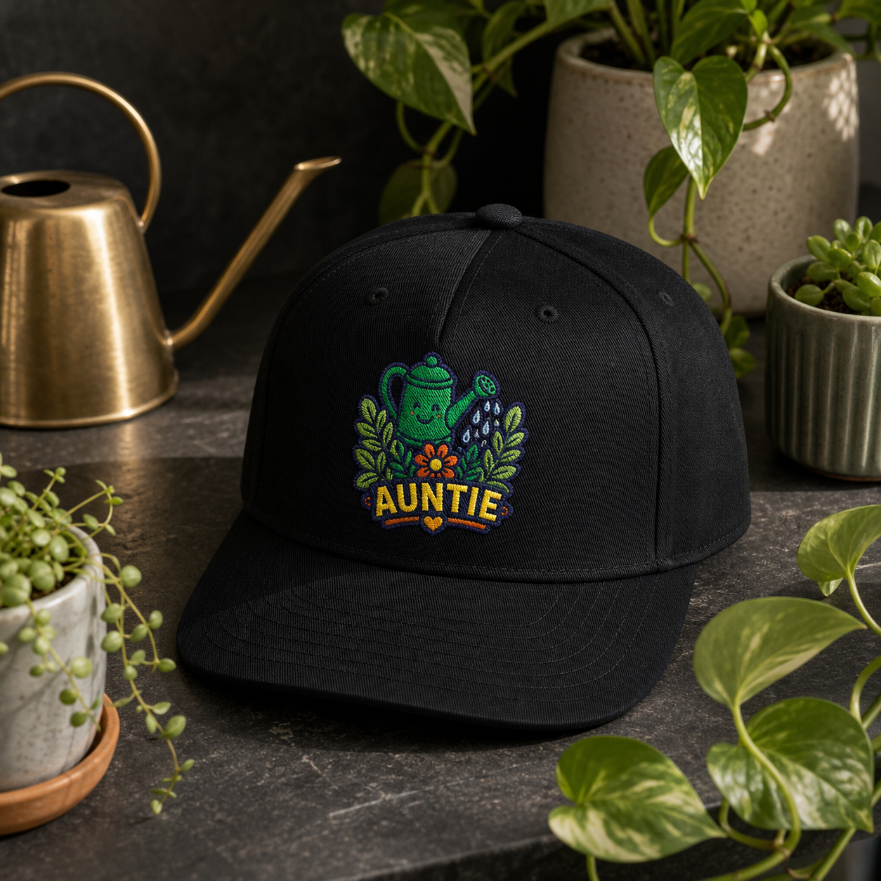 Auntie Watering Can embroidered hat in Black on a brass watering can plant shelf