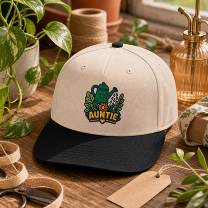 Auntie Watering Can embroidered hat in Black / Natural on a plant gift table