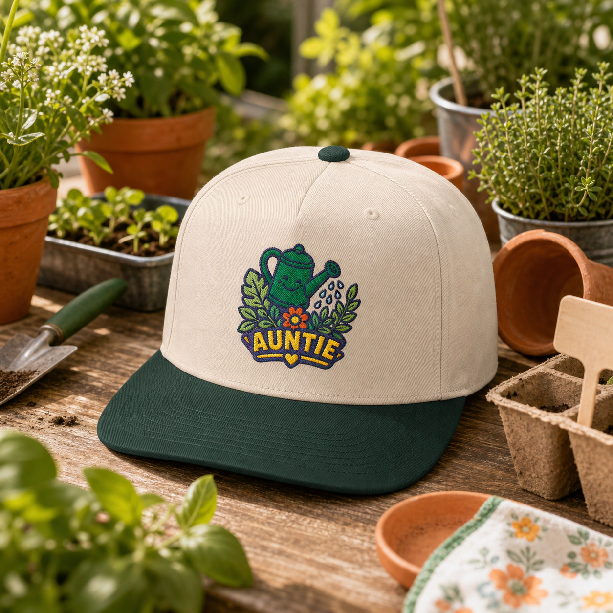 Auntie Watering Can embroidered hat in Dark Green / Natural on a garden potting table