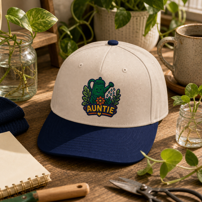 Auntie Watering Can embroidered hat in Navy / Natural on a cozy plant care desk