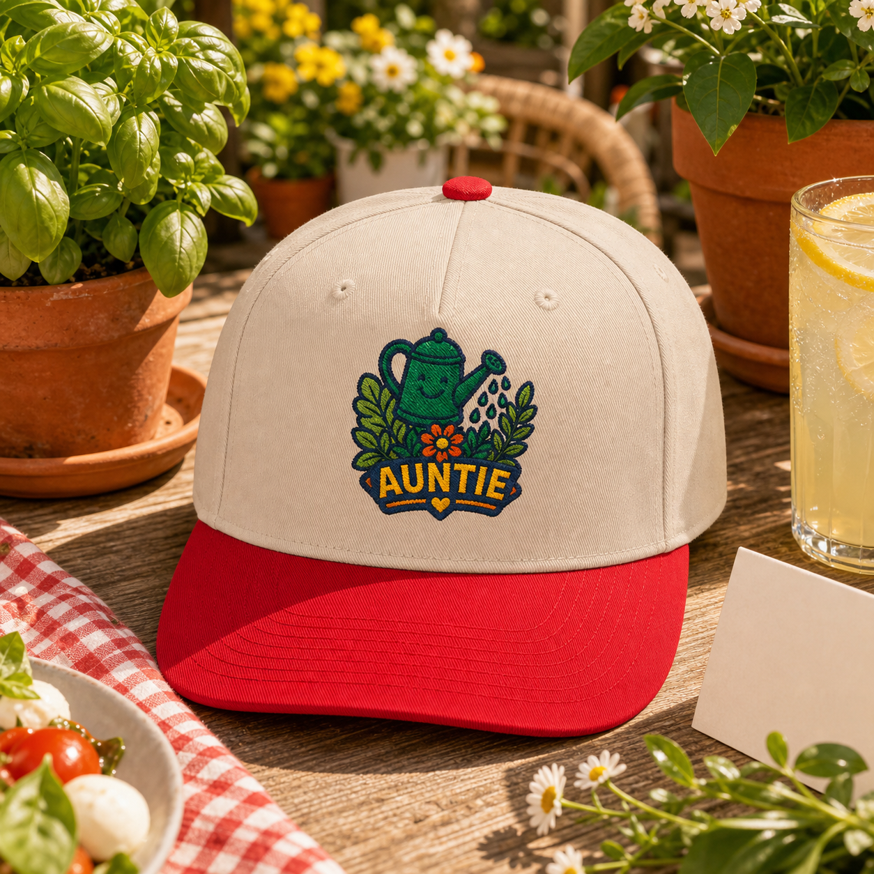 Auntie Watering Can embroidered hat in Red / Natural on a patio garden brunch table