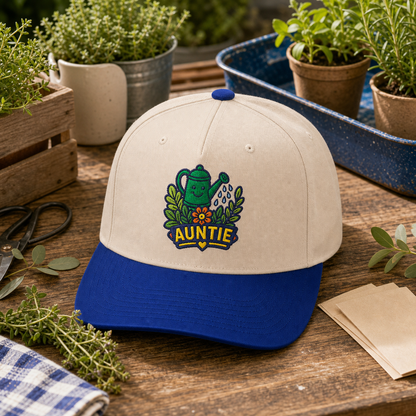 Auntie Watering Can embroidered hat in Royal / Natural on a plant market table