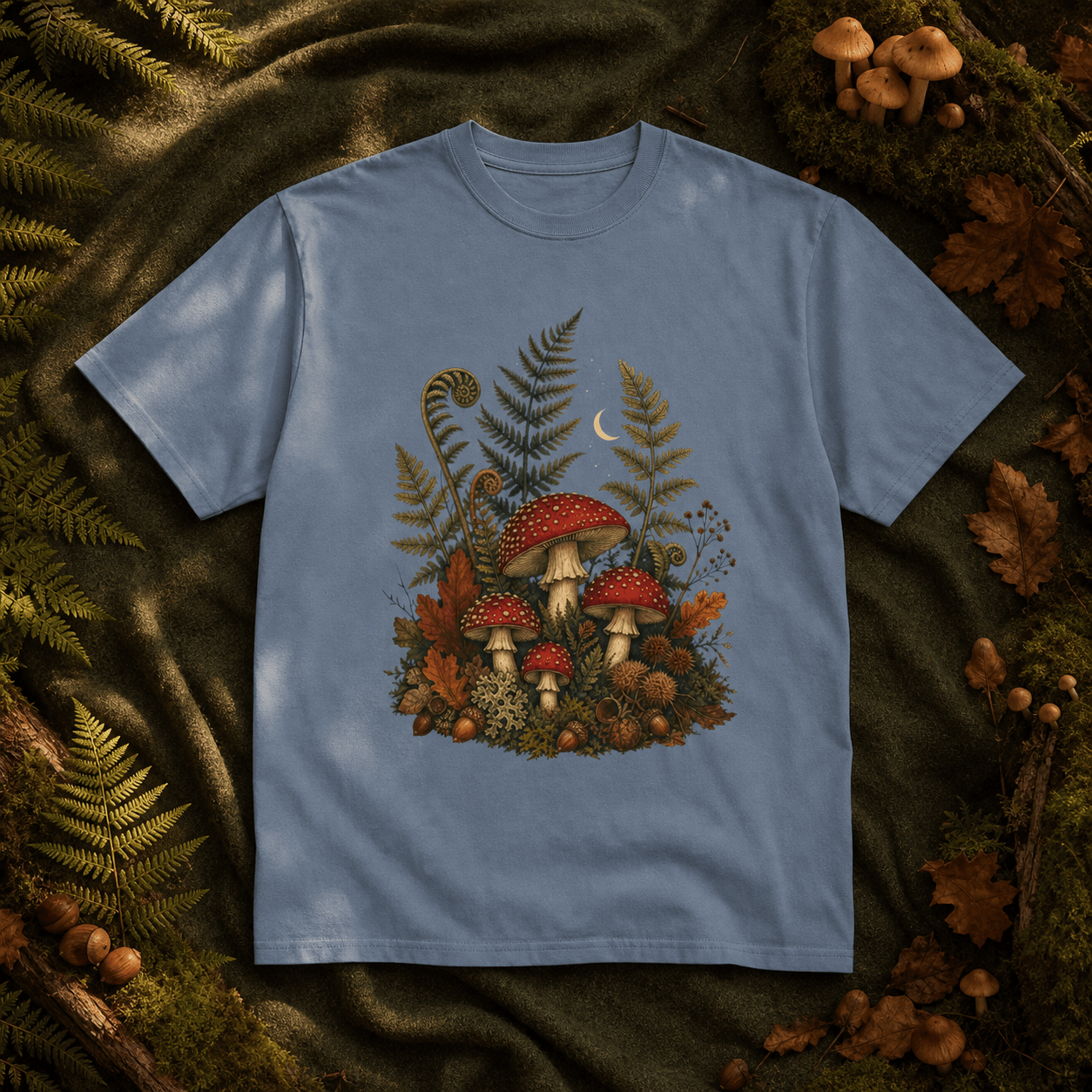 Autumn Mushroom Fern T-Shirt in a Halloween fall botanical flat lay