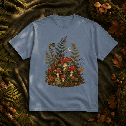 Autumn Mushroom Fern T-Shirt in a Halloween fall botanical flat lay
