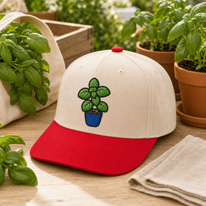 Basil Buddy embroidered hat in Red / Natural on a farmers market herb table