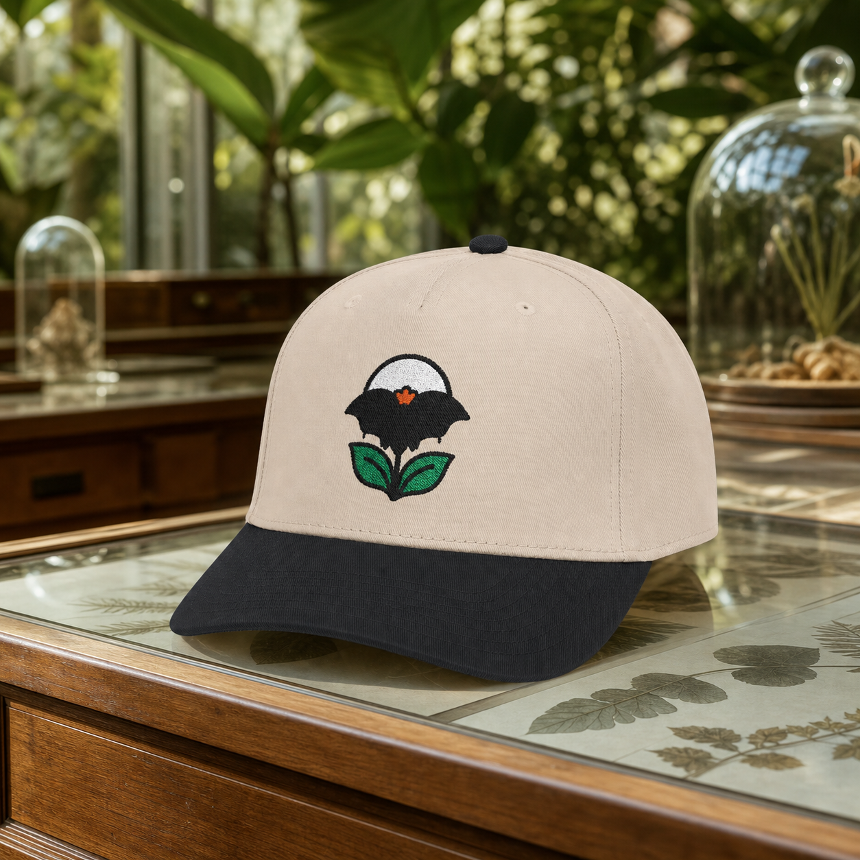 Night Bloom Bat Flower embroidered hat in Black / Natural