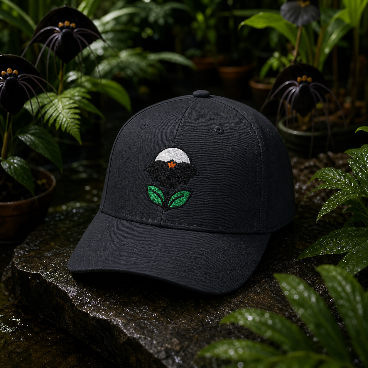 Night Bloom Bat Flower embroidered hat in Black