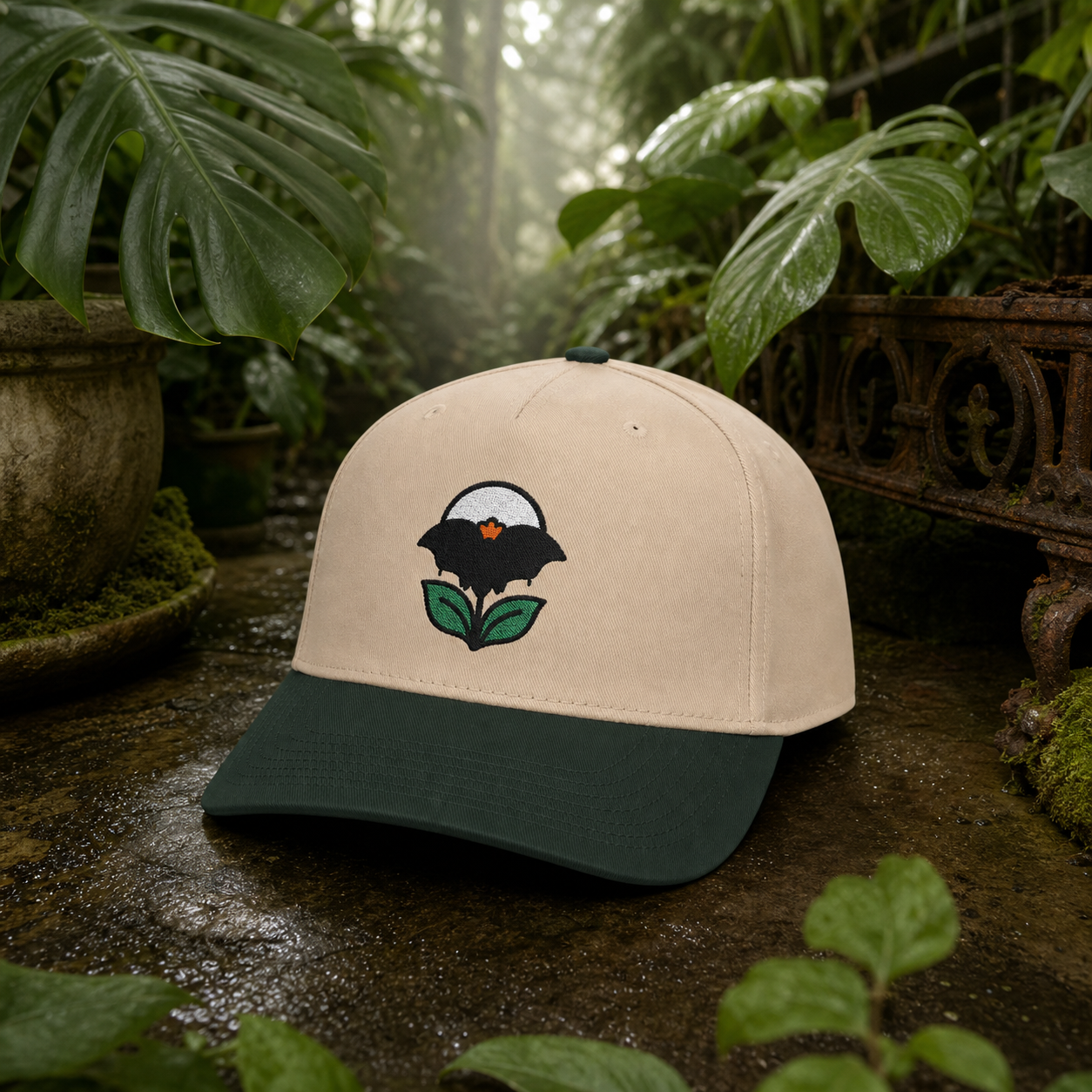 Night Bloom Bat Flower embroidered hat in Dark Green / Natural