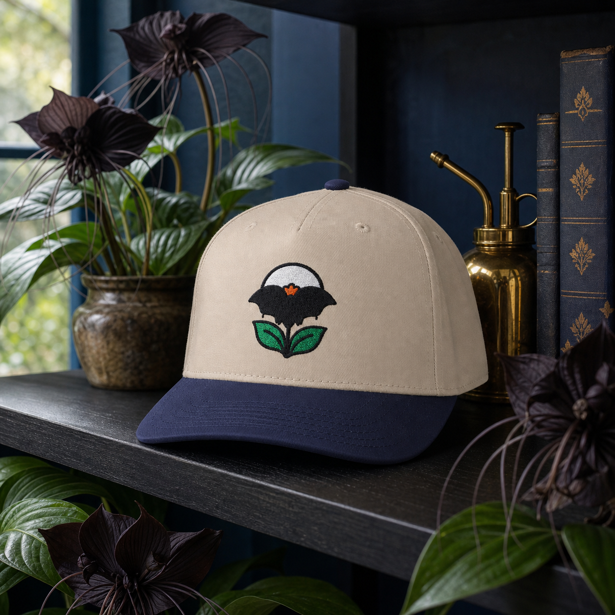 Night Bloom Bat Flower embroidered hat in Navy / Natural