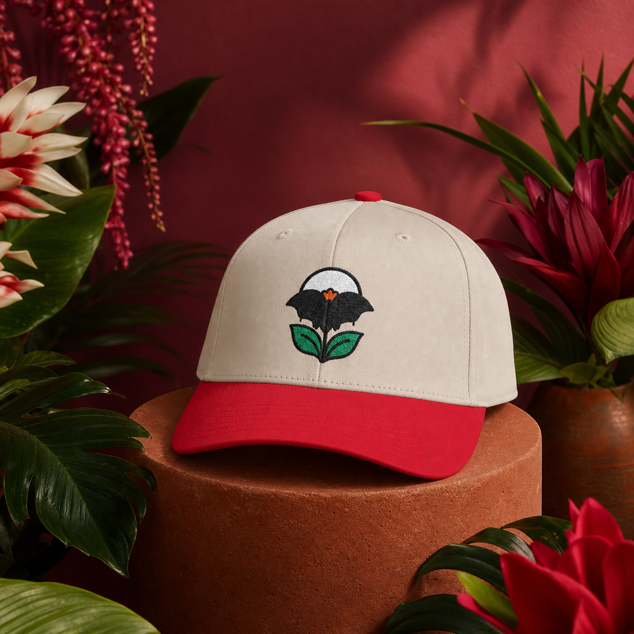 Night Bloom Bat Flower embroidered hat in Red / Natural
