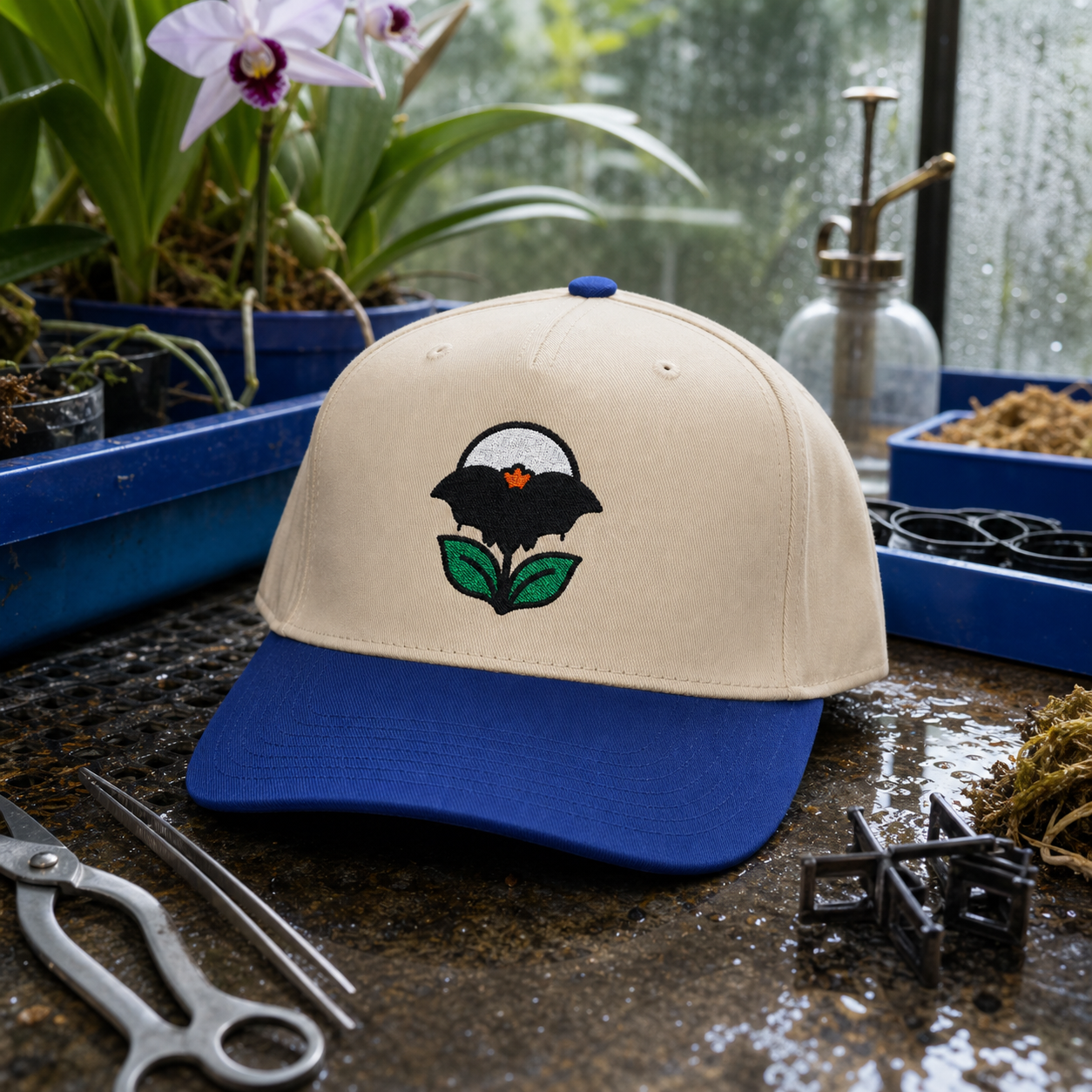 Night Bloom Bat Flower embroidered hat in Royal / Natural