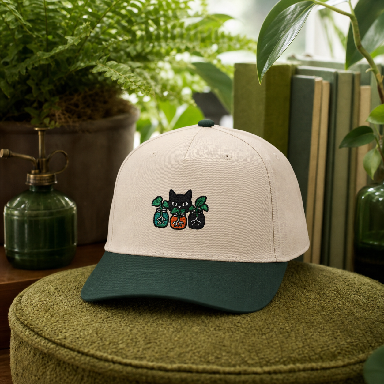 Familiar Foliage embroidered hat in Dark Green / Natural