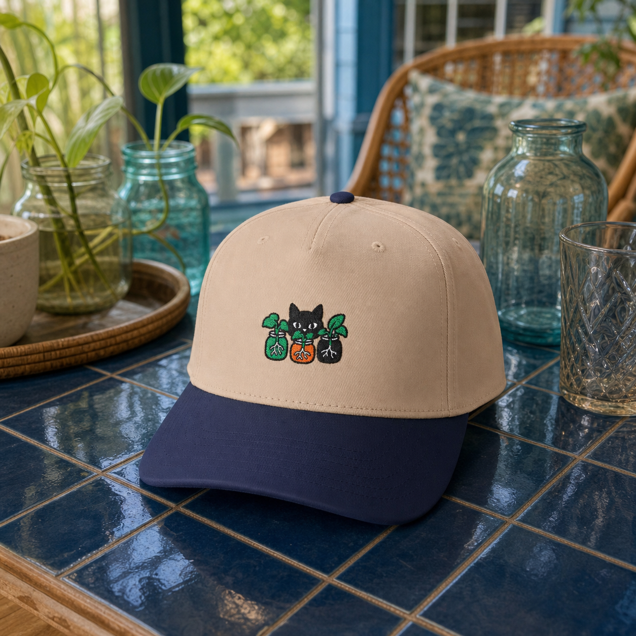 Familiar Foliage embroidered hat in Navy / Natural