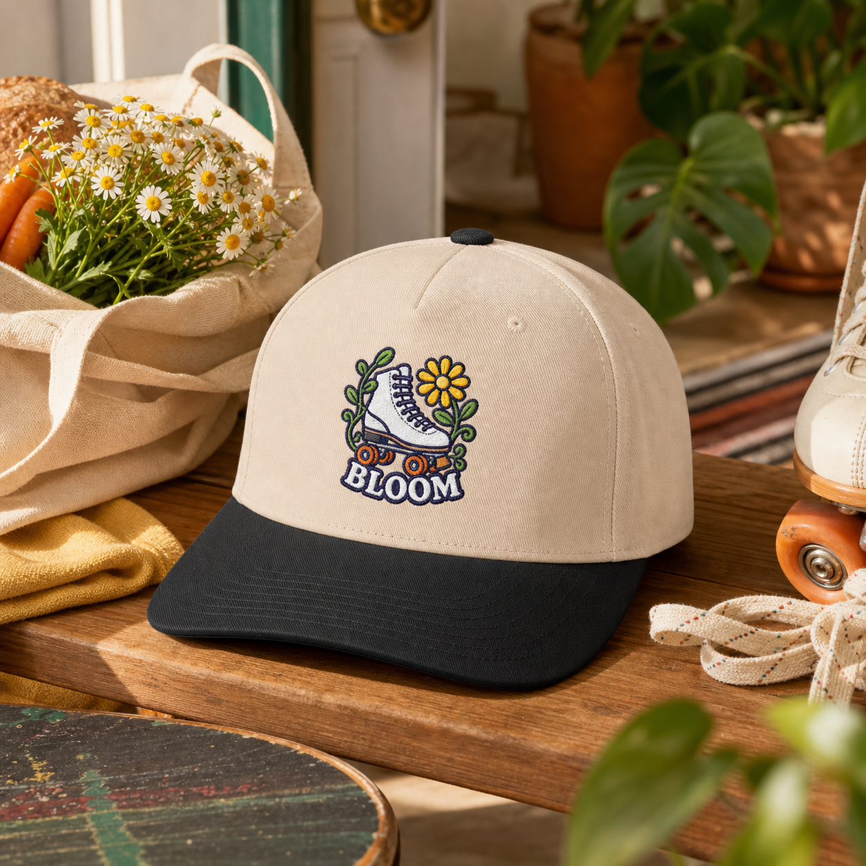 Bloom Roller Skate embroidered hat in Black / Natural on a retro plant entry bench