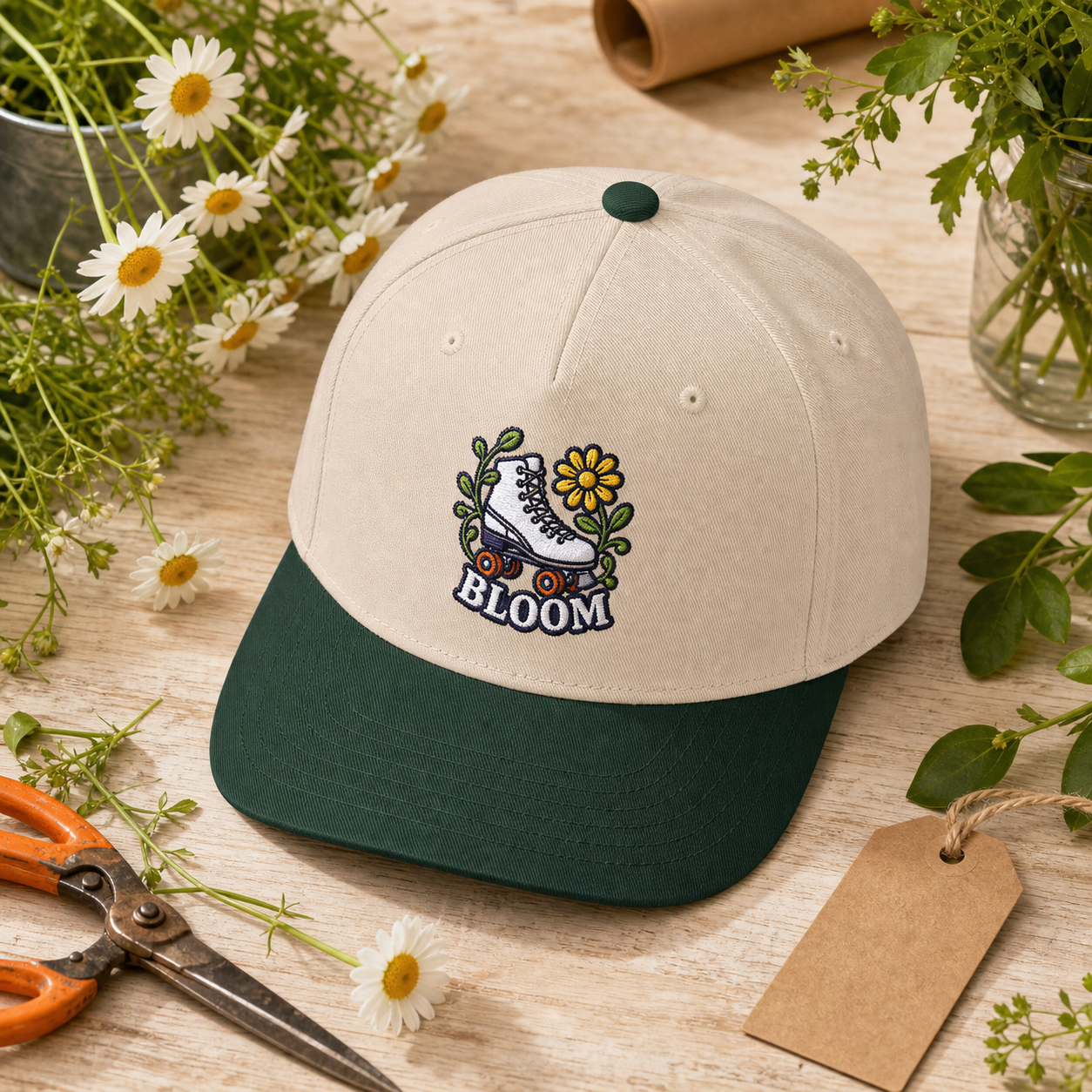 Bloom Roller Skate embroidered hat in Dark Green / Natural on a daisy florist table