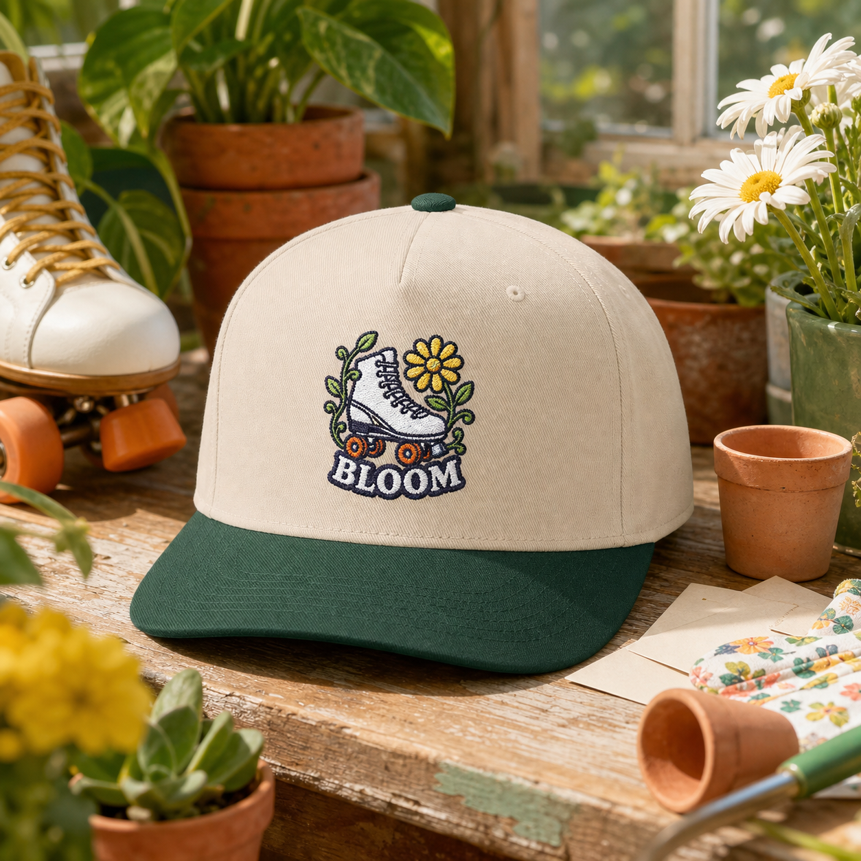 Bloom Roller Skate embroidered hat in Dark Green / Natural on a greenhouse potting bench