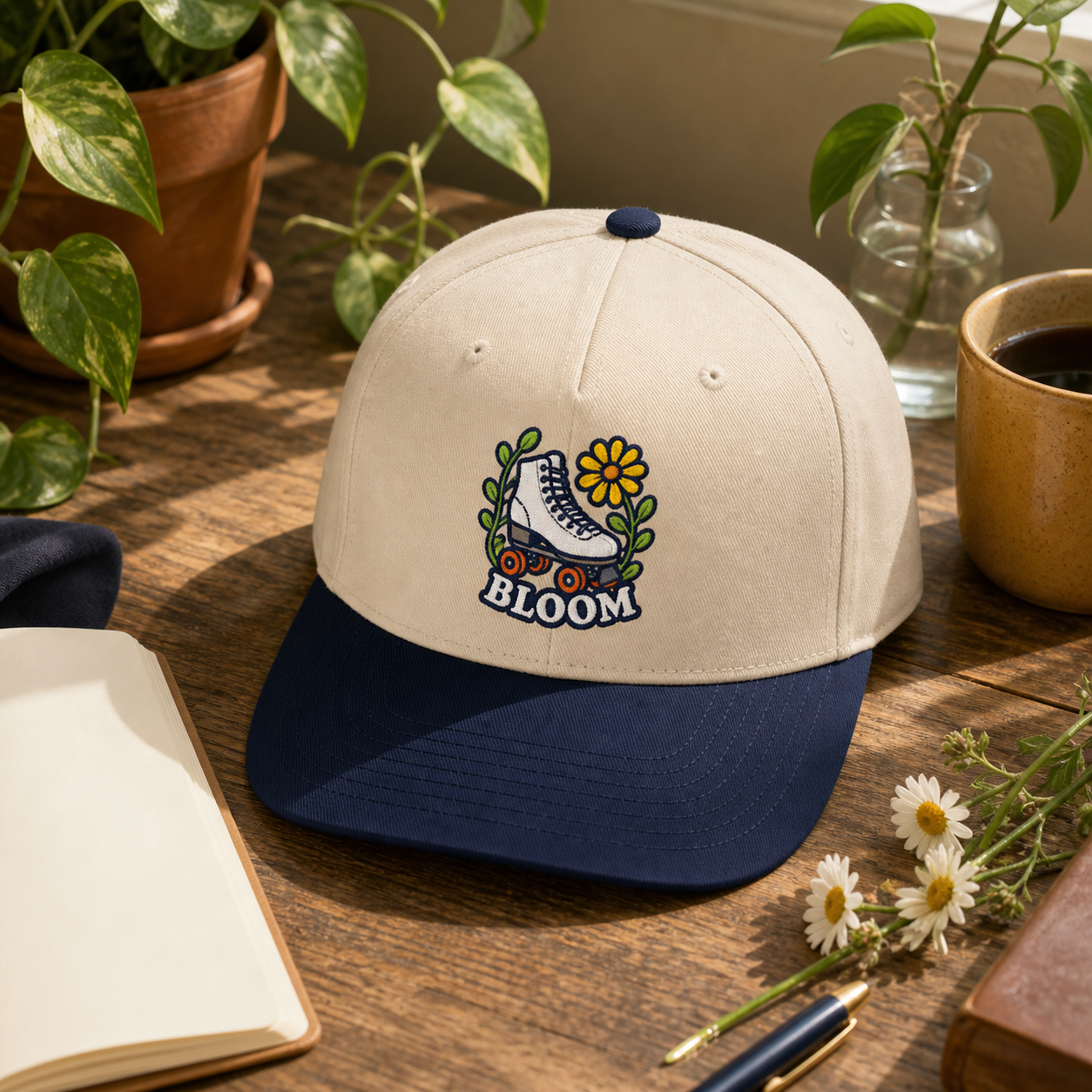 Bloom Roller Skate embroidered hat in Navy / Natural on a cozy plant desk