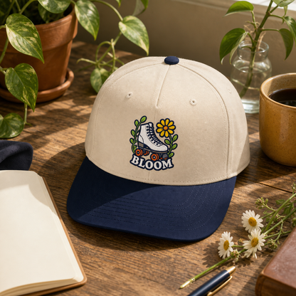 Bloom Roller Skate embroidered hat in Navy / Natural on a cozy plant desk