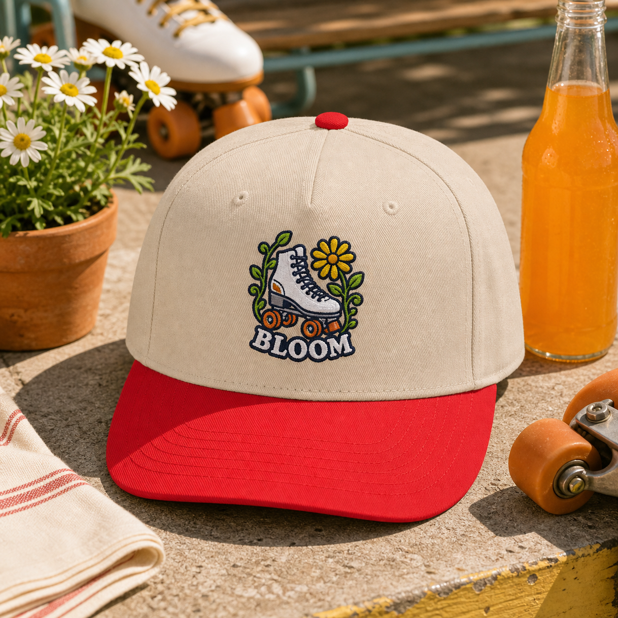 Bloom Roller Skate embroidered hat in Red / Natural on a retro skate patio table