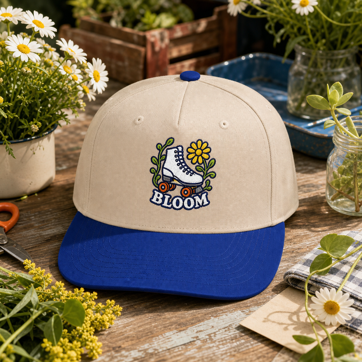 Bloom Roller Skate embroidered hat in Royal / Natural on a flower market table