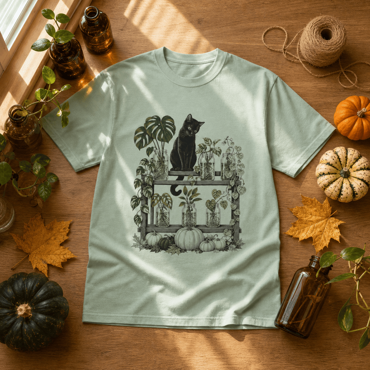 Cat Propagation Shelf T-Shirt in a Halloween fall botanical flat lay