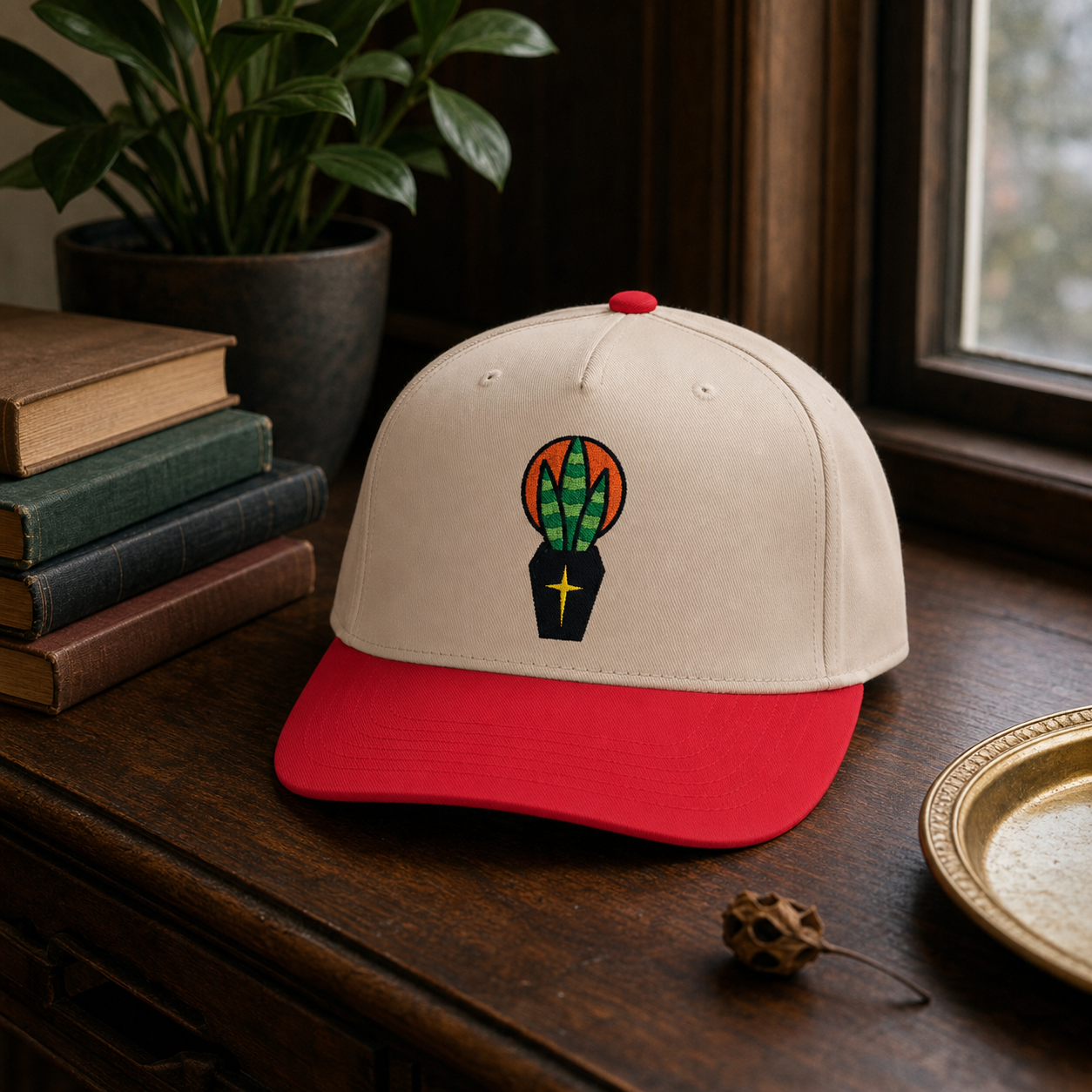 Rest in Peat Snake Plant embroidered hat in Red / Natural