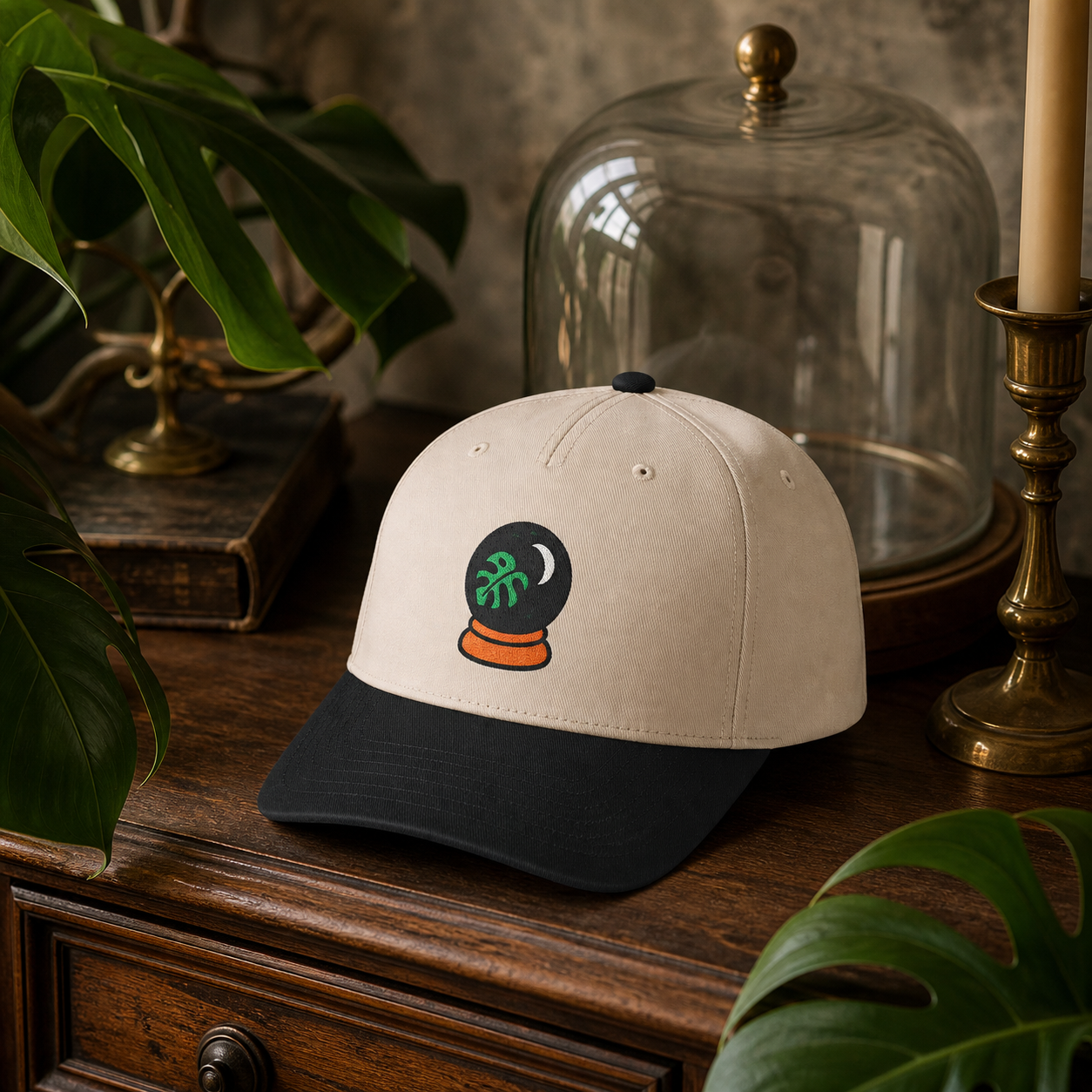 Plant Prophecy Monstera embroidered hat in Black / Natural