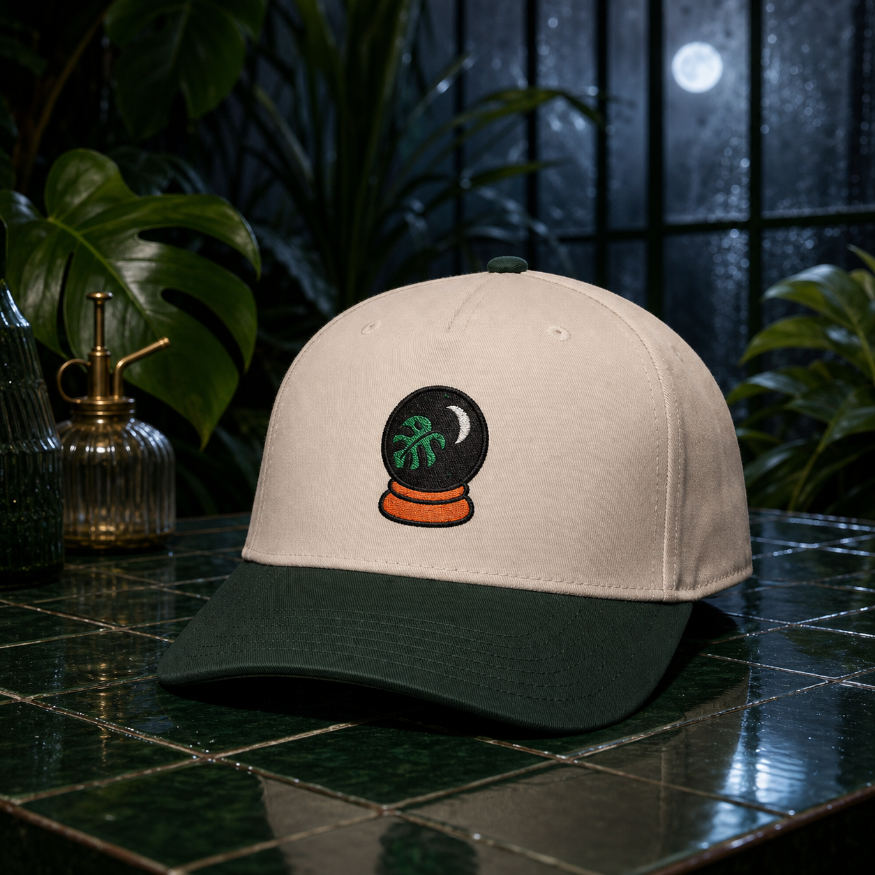 Plant Prophecy Monstera embroidered hat in Dark Green / Natural