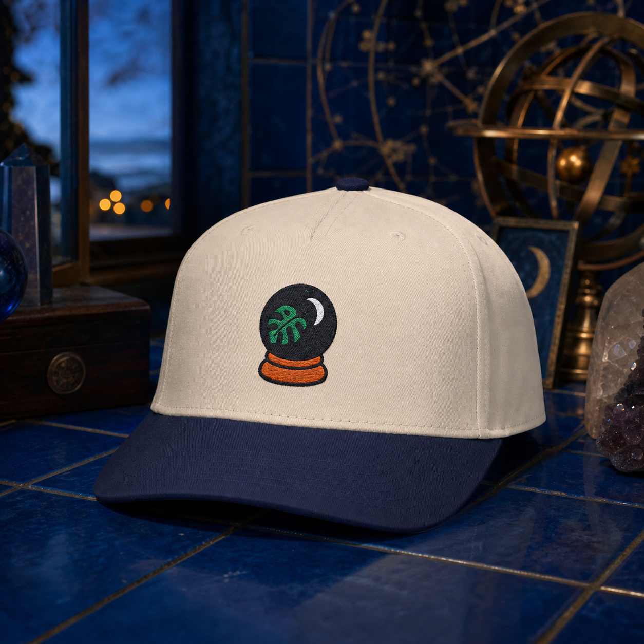 Plant Prophecy Monstera embroidered hat in Navy / Natural