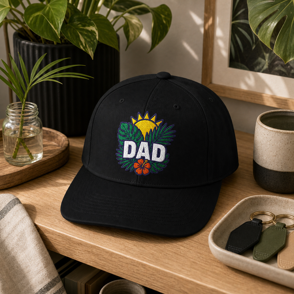 Dad Tropical Leaves embroidered hat in Black on a modern plant shelf