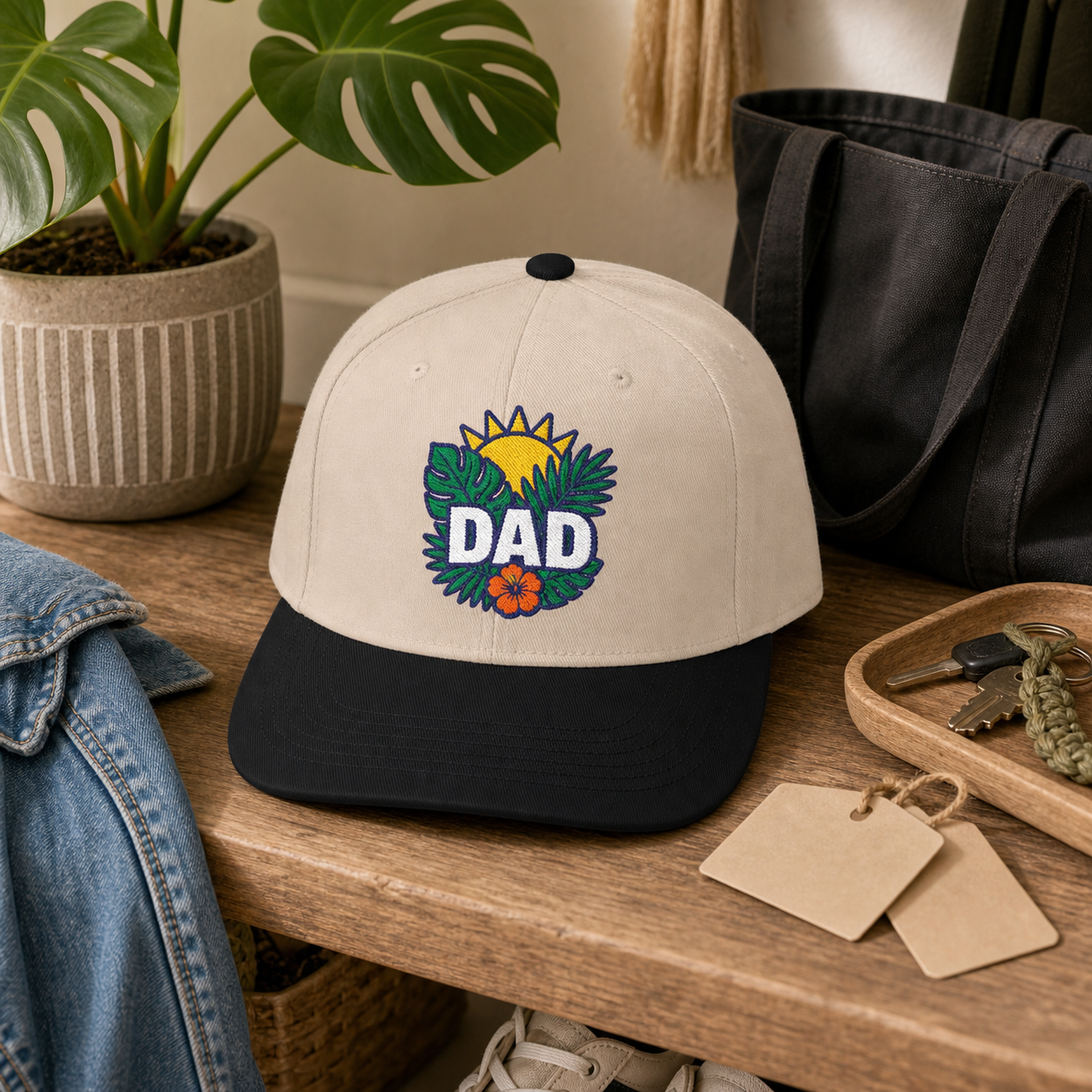 Dad Tropical Leaves embroidered hat in Black / Natural styled on a weekend plant dad entryway bench
