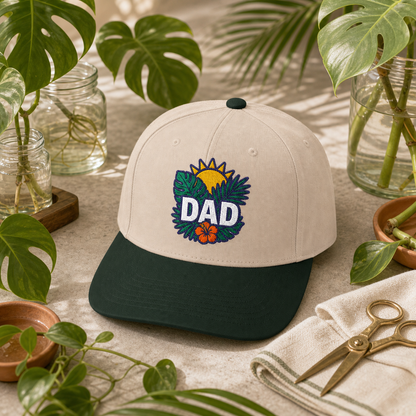 Dad Tropical Leaves embroidered hat in Dark Green / Natural with tropical propagation jars