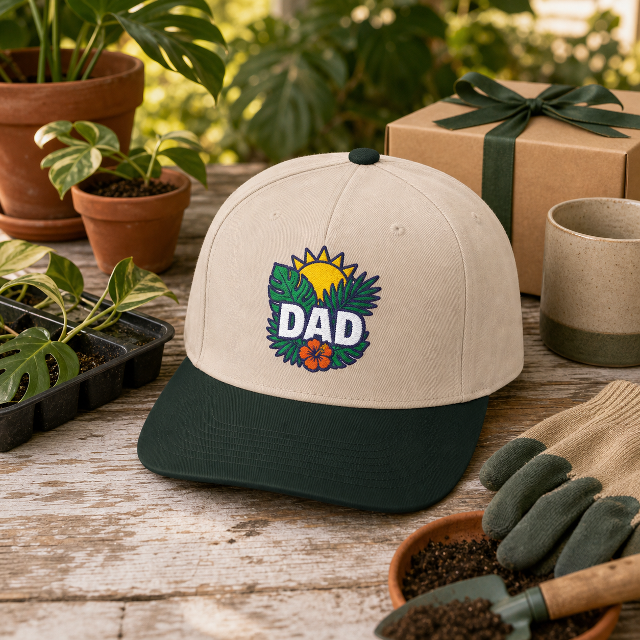 Dad Tropical Leaves embroidered hat in Dark Green / Natural on a backyard potting bench
