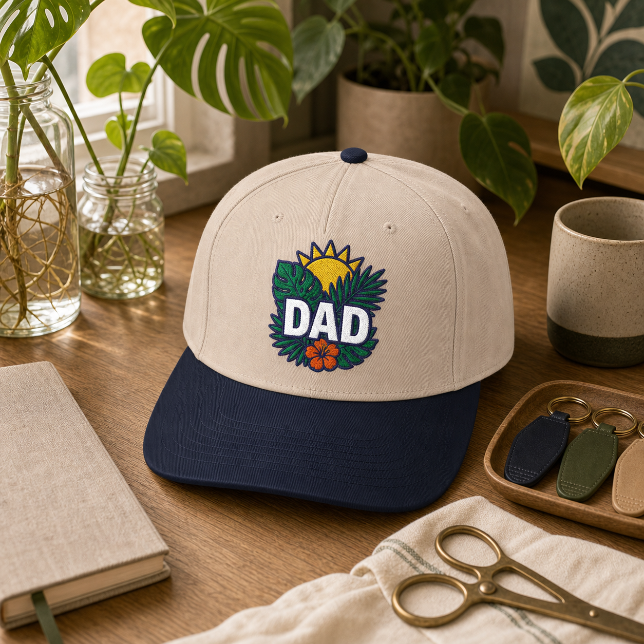 Dad Tropical Leaves embroidered hat in Navy / Natural on a cozy plant dad desk