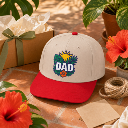 Dad Tropical Leaves embroidered hat in Red / Natural on a tropical patio gift table
