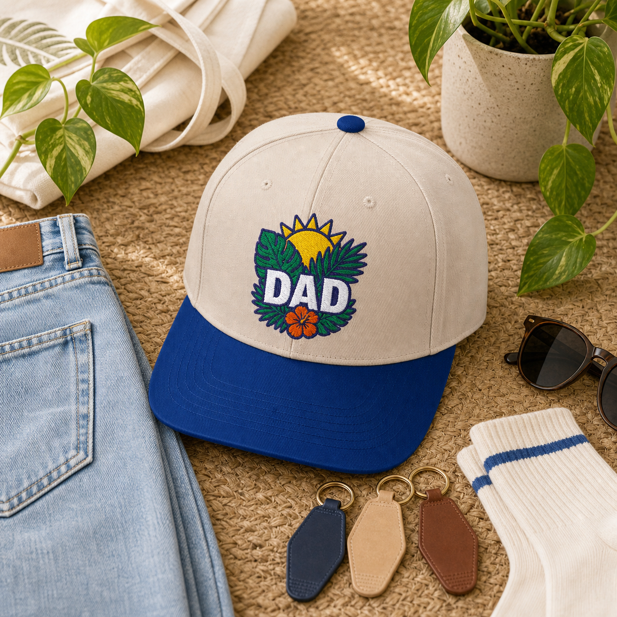Dad Tropical Leaves embroidered hat in Royal / Natural styled for a weekend plant market outfit