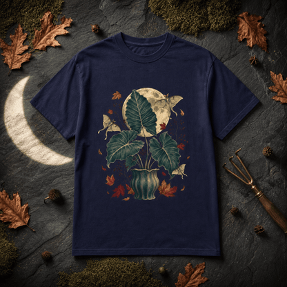 Elephant Ear Moon Garden T-Shirt in a Halloween fall botanical flat lay