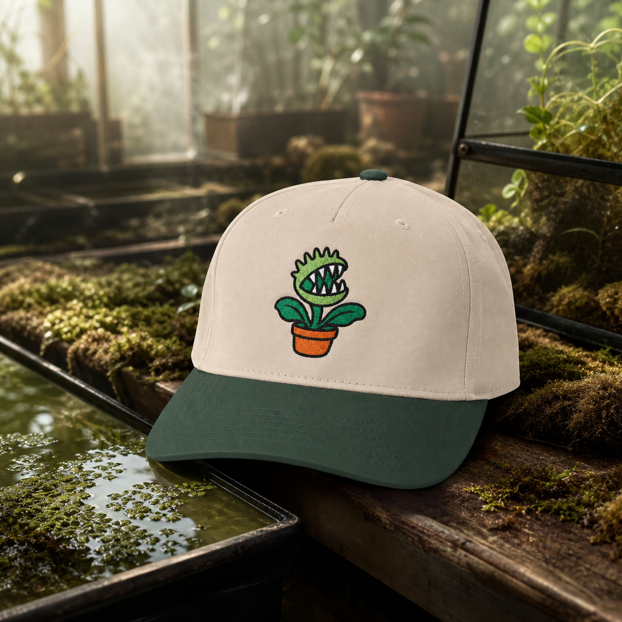 Bite Me Flytrap embroidered hat in Dark Green / Natural
