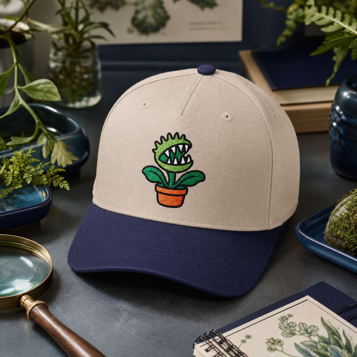 Bite Me Flytrap embroidered hat in Navy / Natural