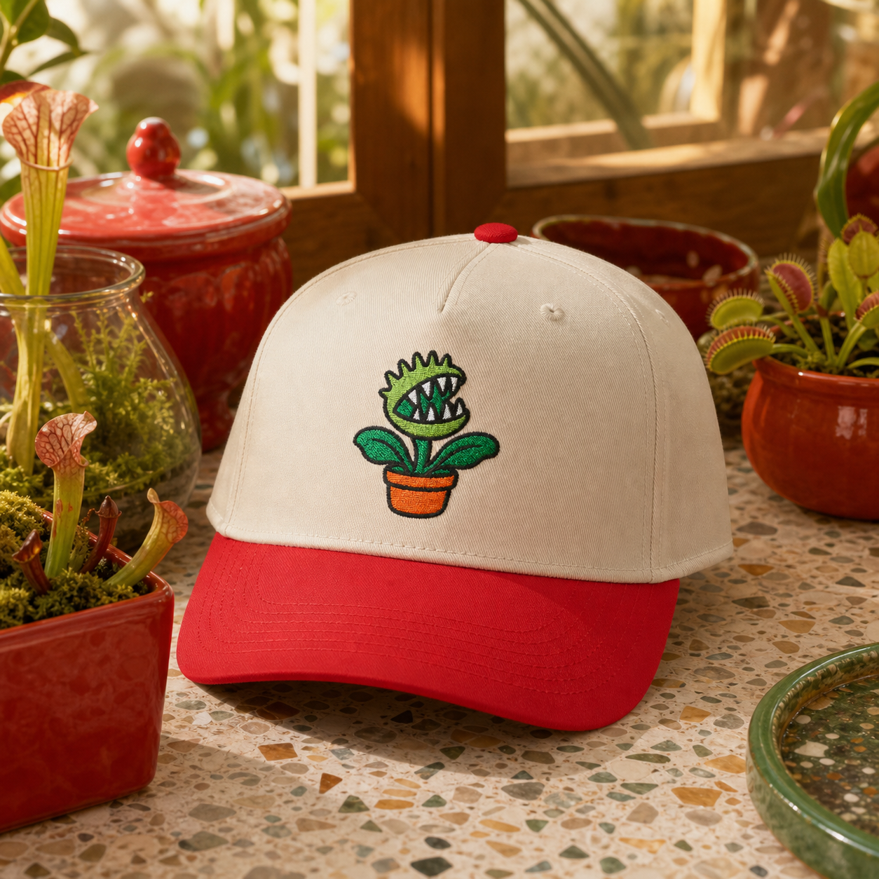 Bite Me Flytrap embroidered hat in Red / Natural