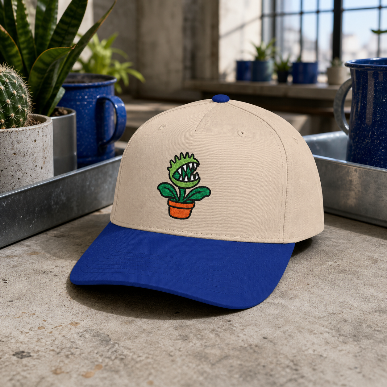 Bite Me Flytrap embroidered hat in Royal / Natural