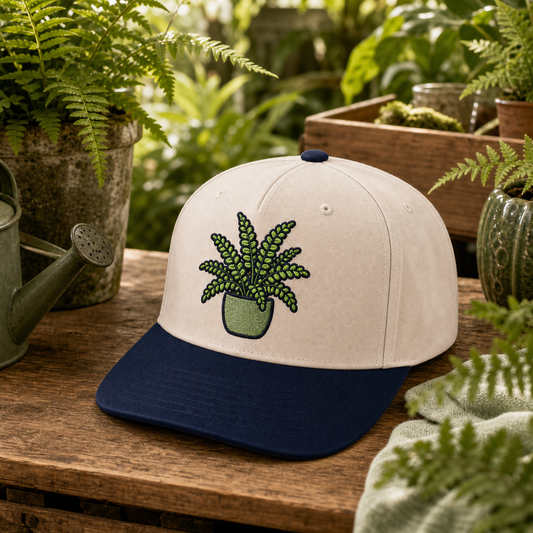 Fern Friend embroidered hat in Navy / Natural on a shaded plant nursery bench