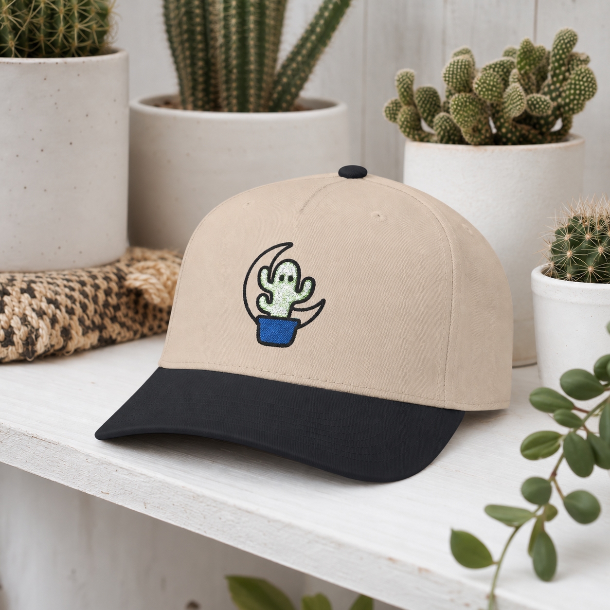 Spooky and Rooted Ghost Cactus embroidered hat in Black / Natural
