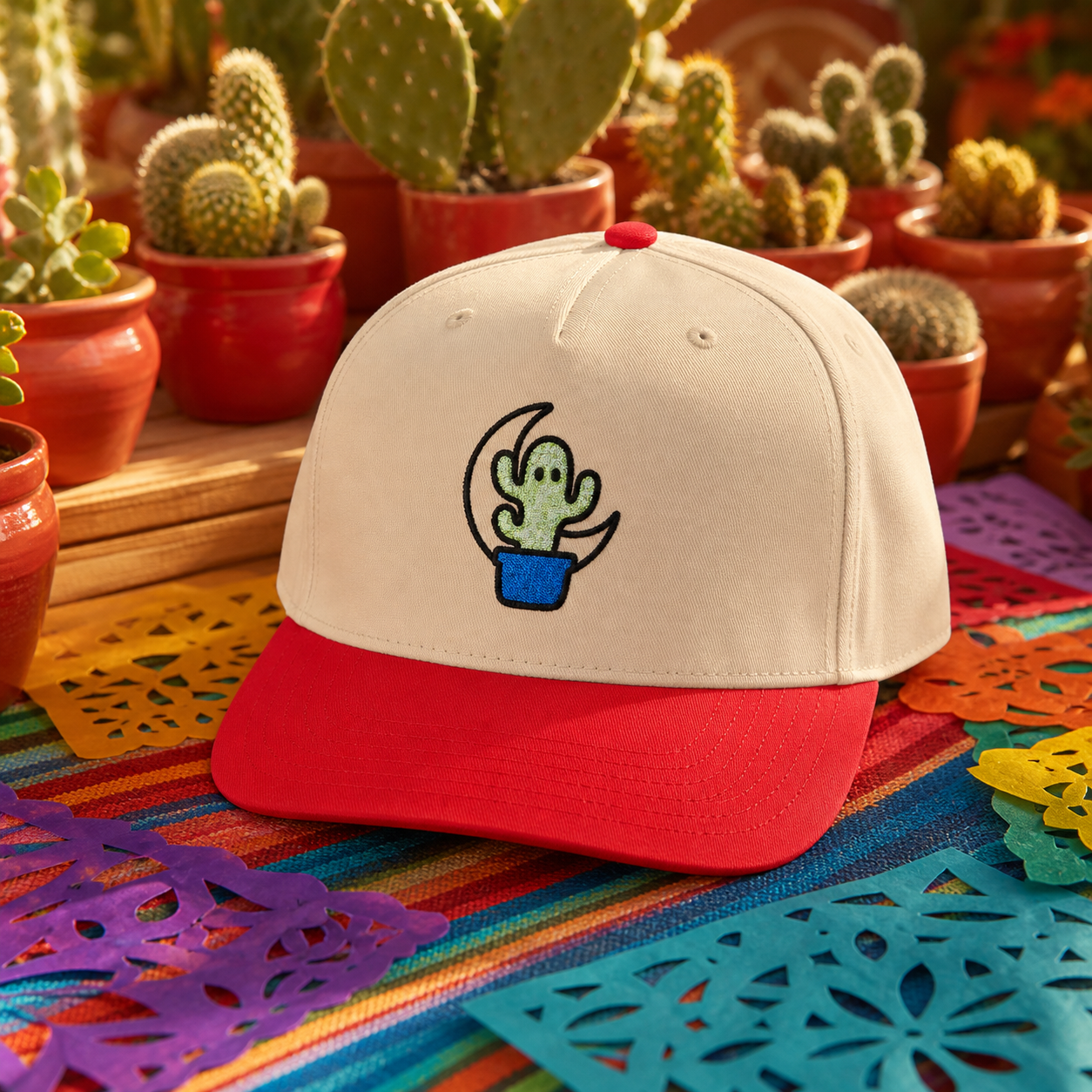 Spooky and Rooted Ghost Cactus embroidered hat in Red / Natural