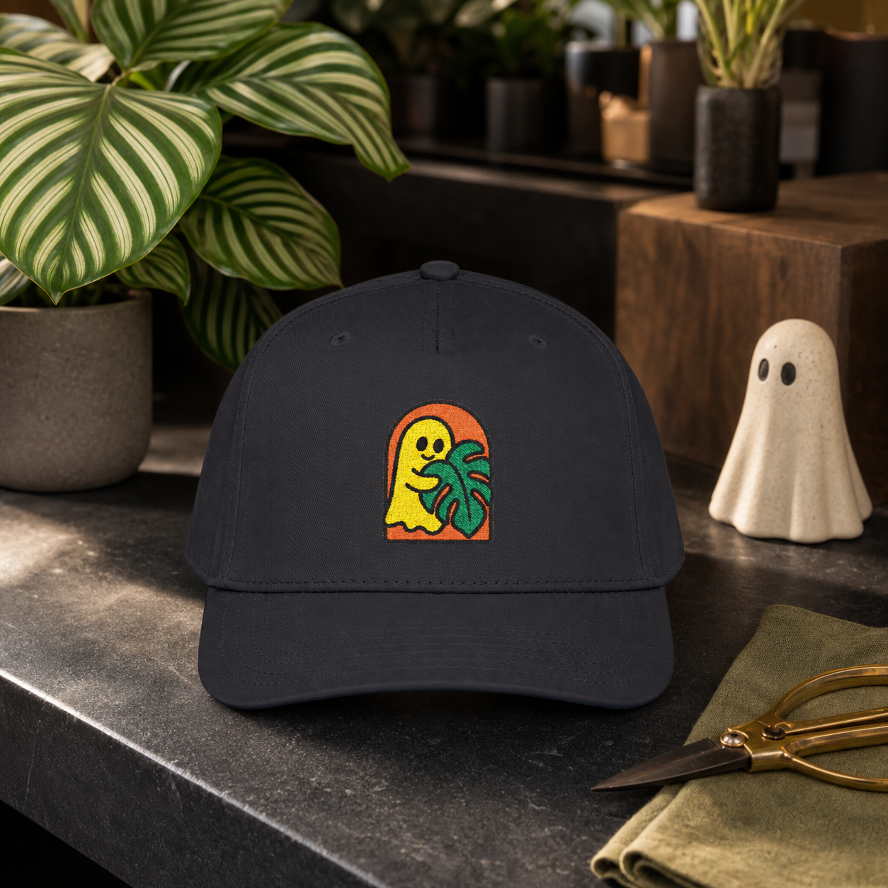 Ghost Monstera embroidered hat in Black at a modern plant shop