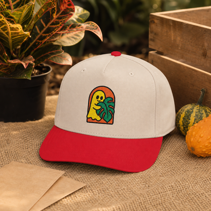 Ghost Monstera embroidered hat, Red and Natural, at an autumn plant market
