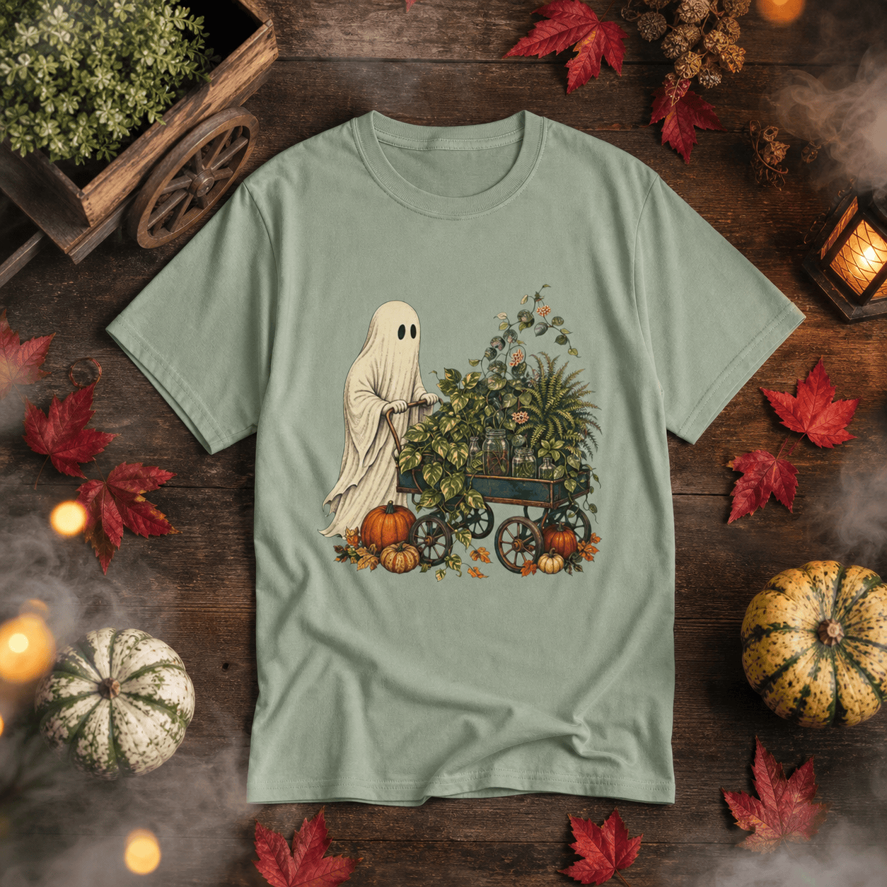 Ghost Plant Cart T-Shirt in a Halloween fall botanical flat lay